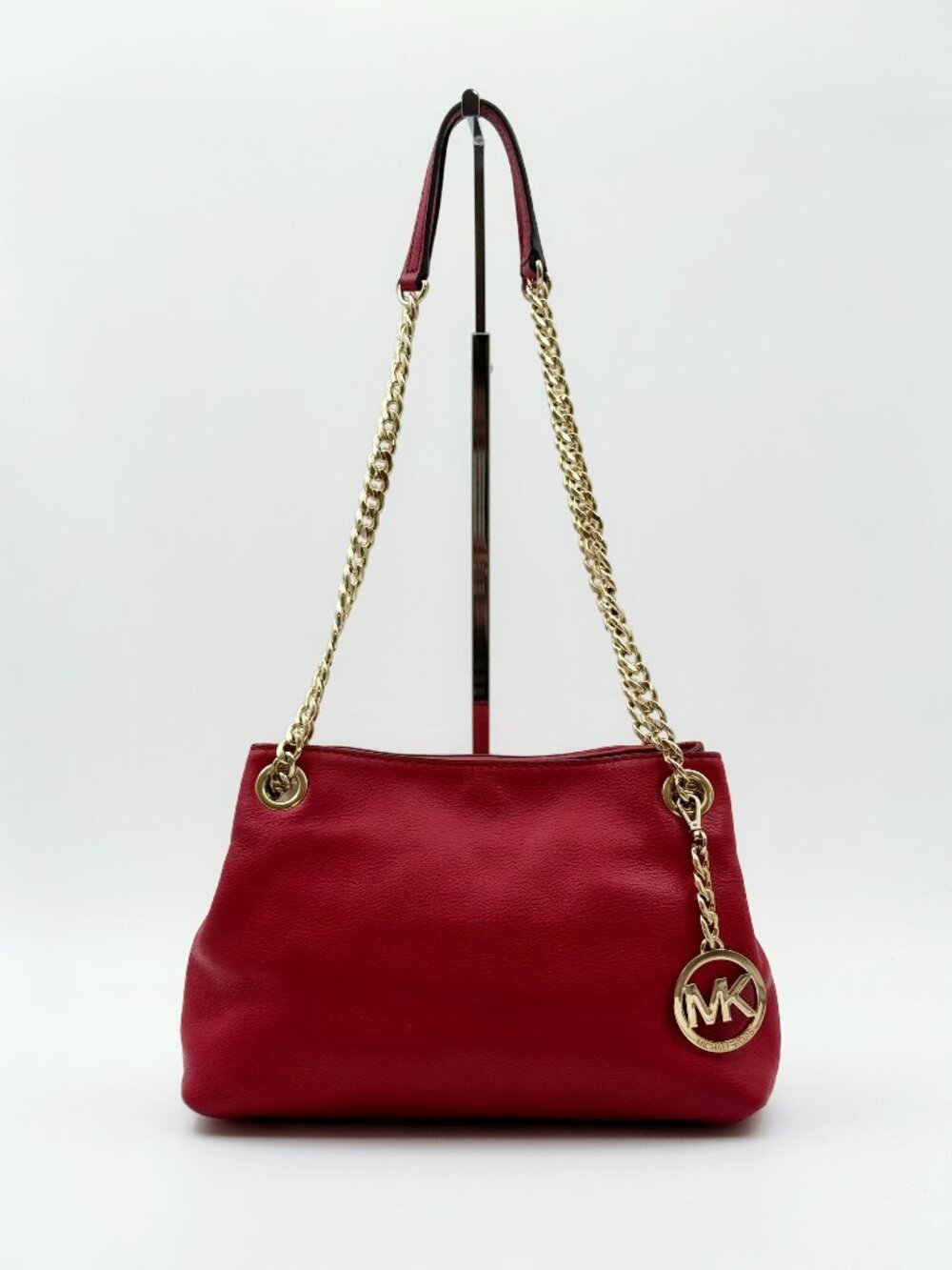 Michael Kors Red Leather Chain Shoulder Bag Gold Tone MK Charm Tote